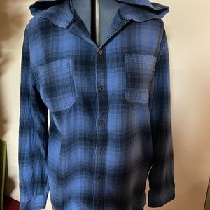 Edgar & Ash Blue and Black Flannel shirt / top with hood NWOT